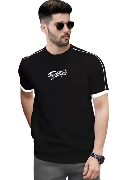 Men Typography Round Neck Cotton Blend Black T-Shirt